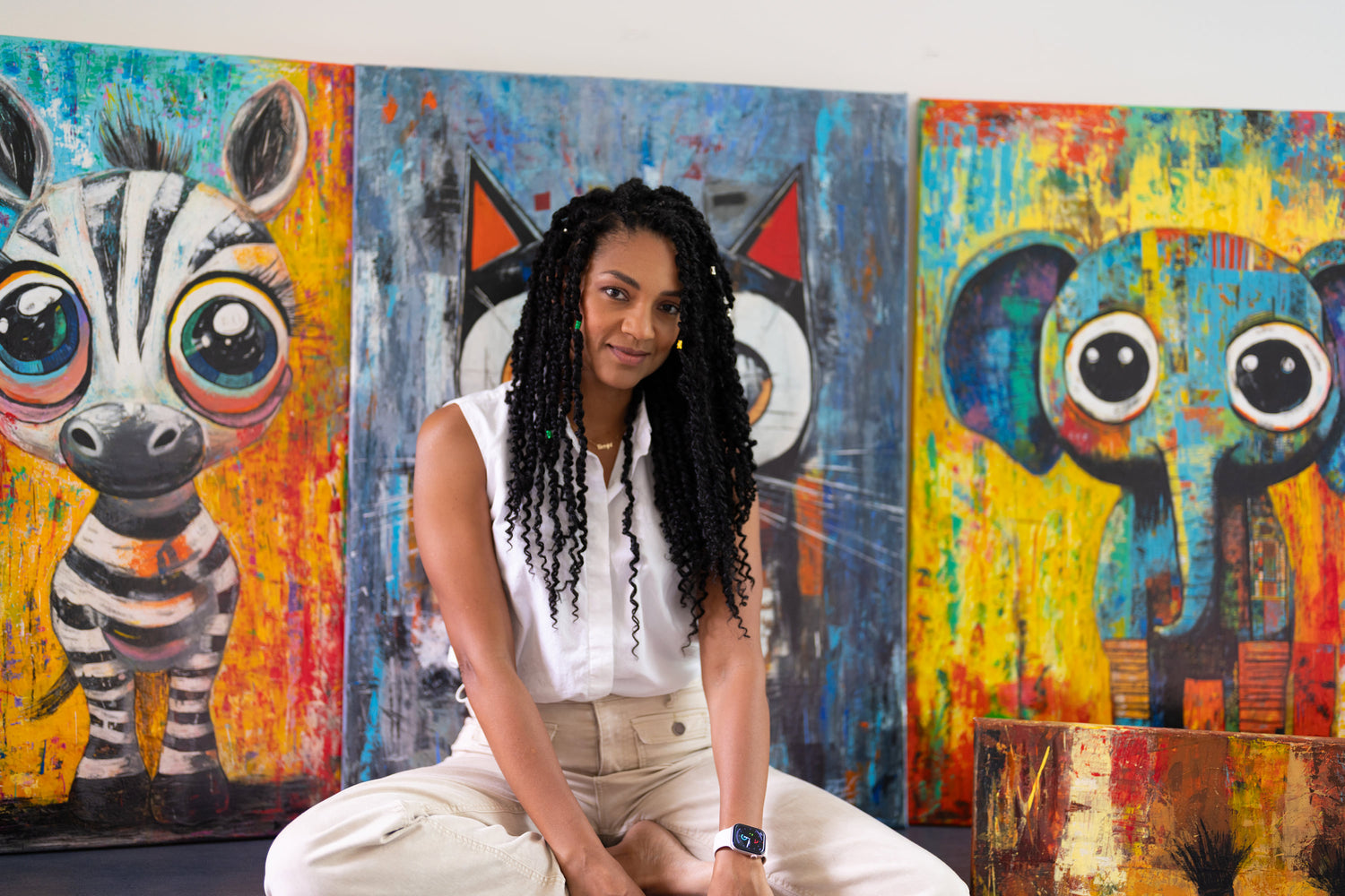 Woman sitting in front of colorful abstract paintings