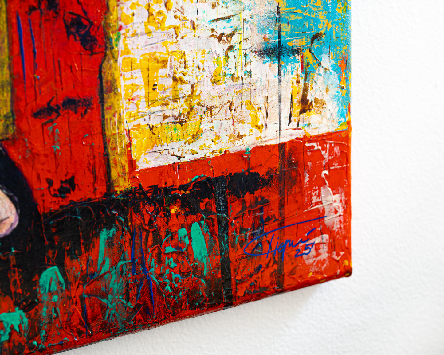 Abstract painting with vibrant colors on a white background