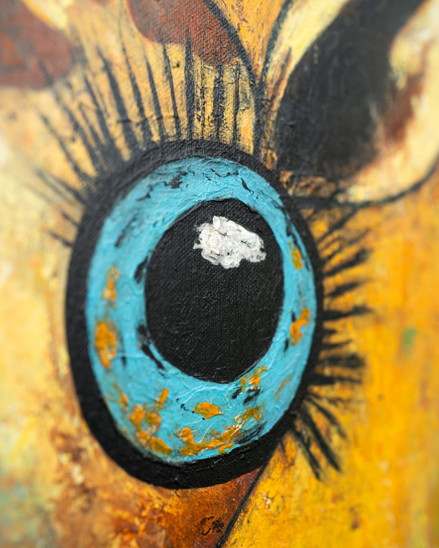 Close-up of a stylized eye with blue iris and black pupil on a yellow background