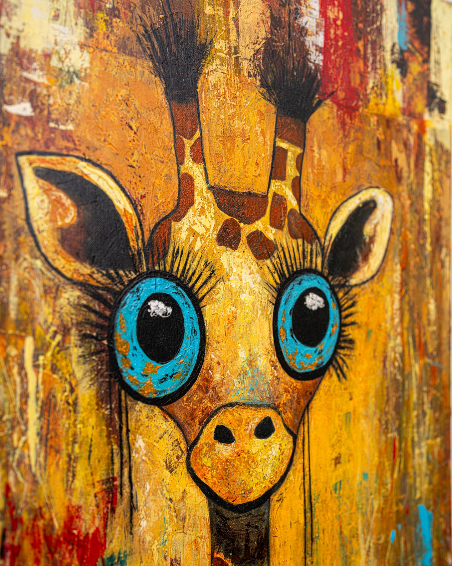 Painting of a giraffe with large blue eyes on a textured background