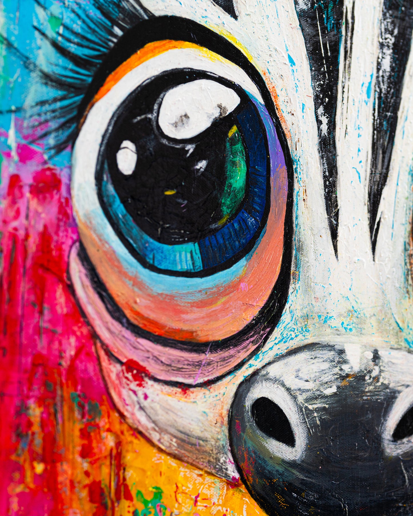 Colorful abstract painting of a horse's face with vibrant colors and dynamic brushstrokes.