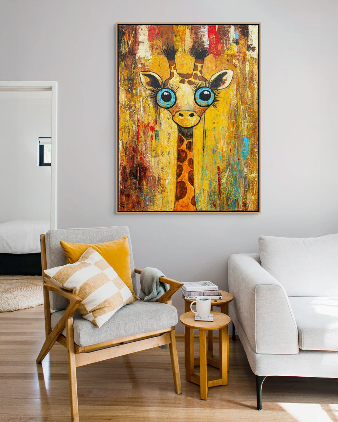 Living room with a colorful abstract painting of a giraffe on the wall.