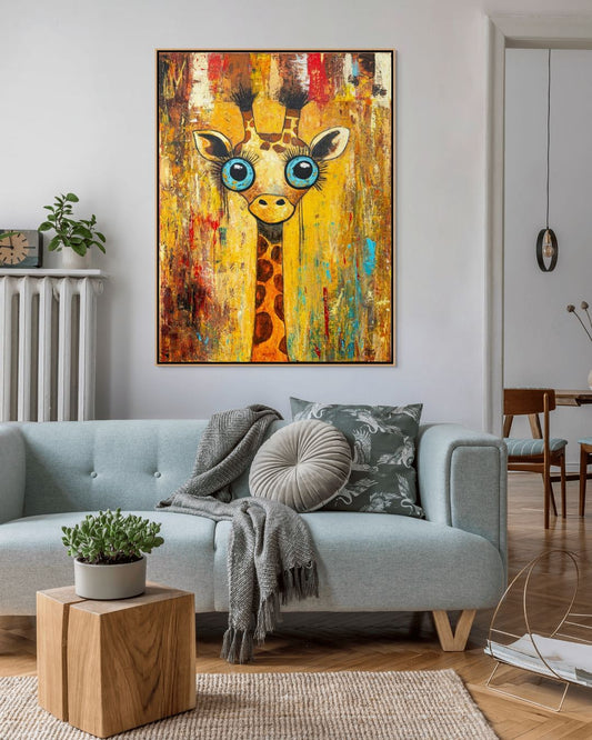 Colorful abstract giraffe painting on a wall above a light blue sofa with decorative pillows.