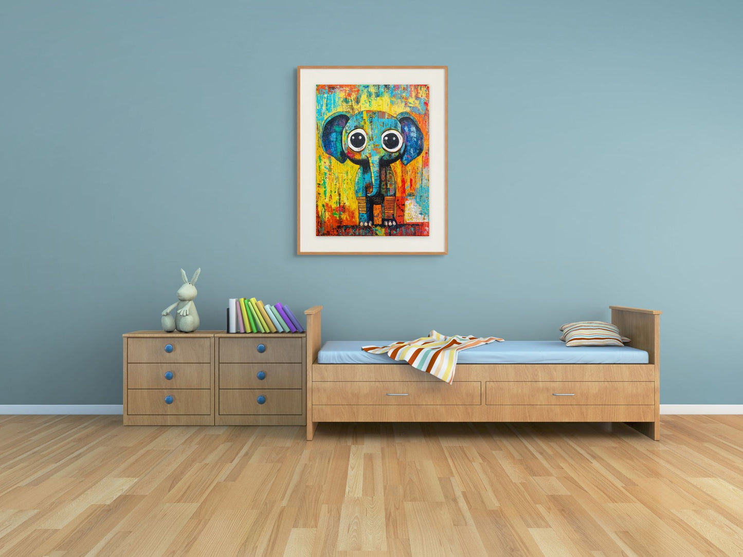 Children's room with a colorful elephant painting on the wall, wooden bed, and dresser.