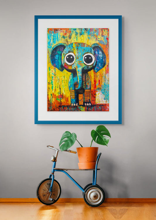 Colorful abstract elephant painting in a blue frame on a wall with a tricycle and plants below.