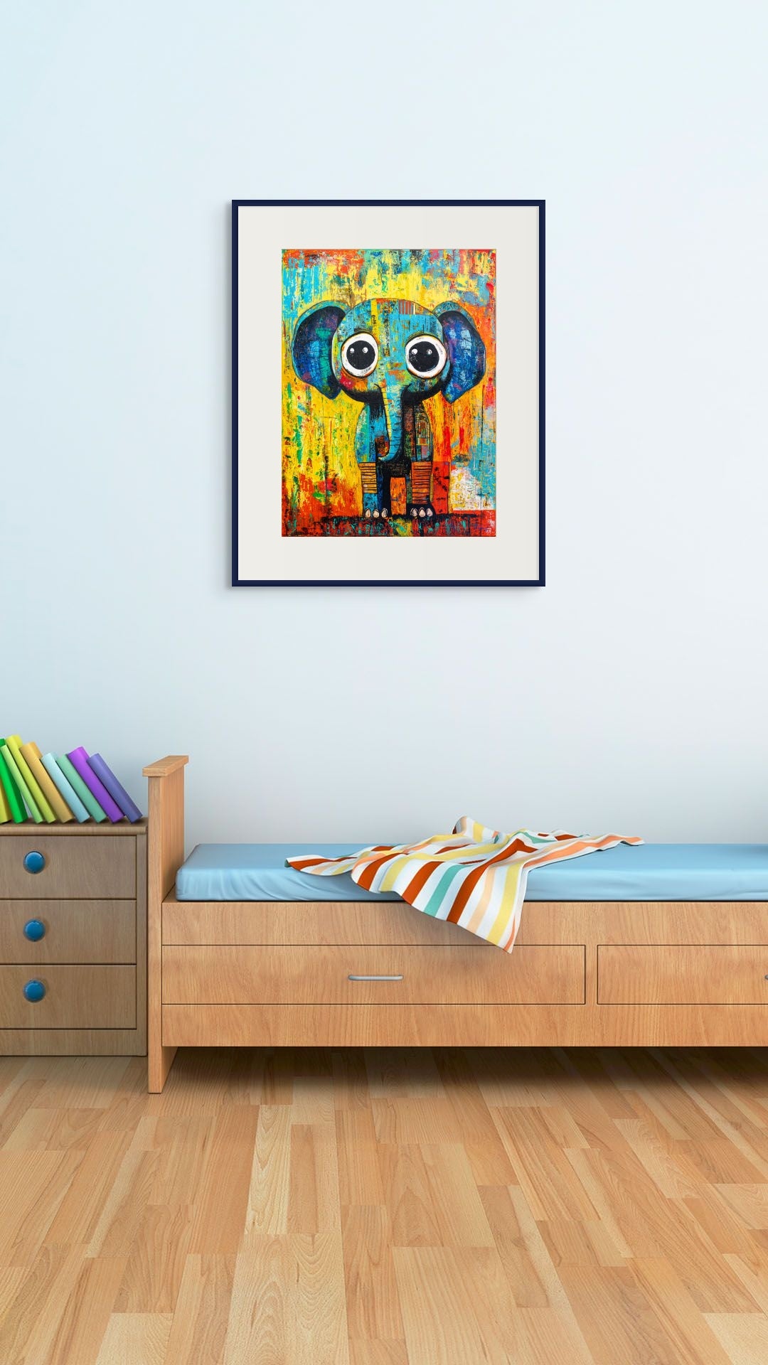 Colorful elephant artwork on a wall above a bed in a room.
