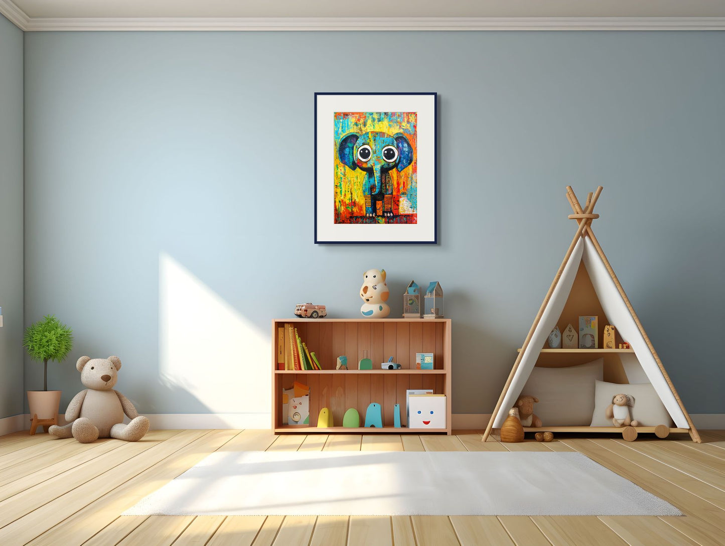 Children's room with a teepee, bookshelf, and colorful wall art.