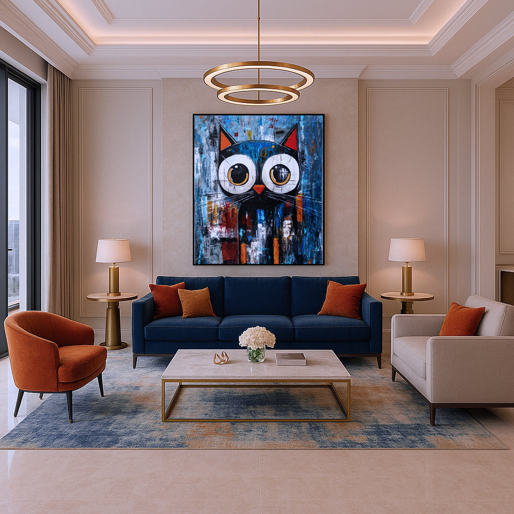 Modern living room with blue sofa, orange armchair, and abstract owl painting.
