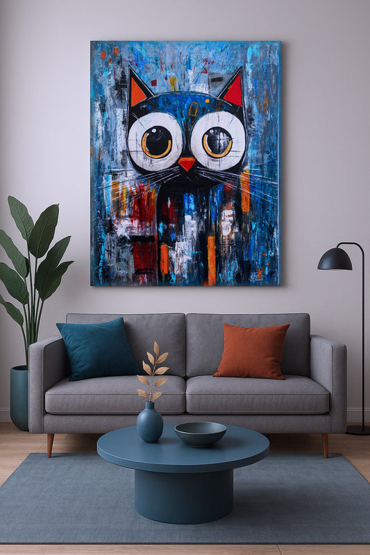 Living room with a gray sofa, colorful abstract painting of a cat's face, and decorative items.