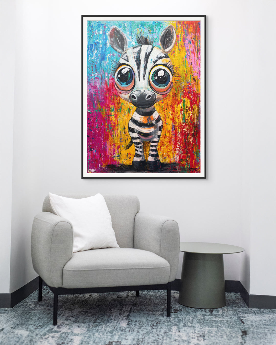 Colorful zebra painting on a wall above a gray armchair.