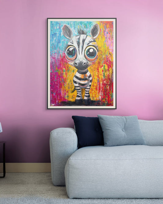 Colorful zebra painting on a pink wall above a gray sofa.