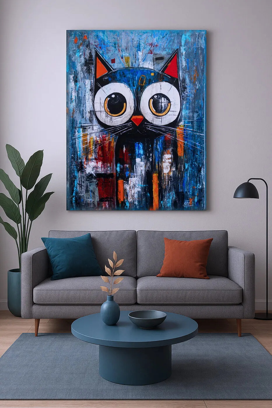 Urban Cat above a grey sofa in a contemporary living room