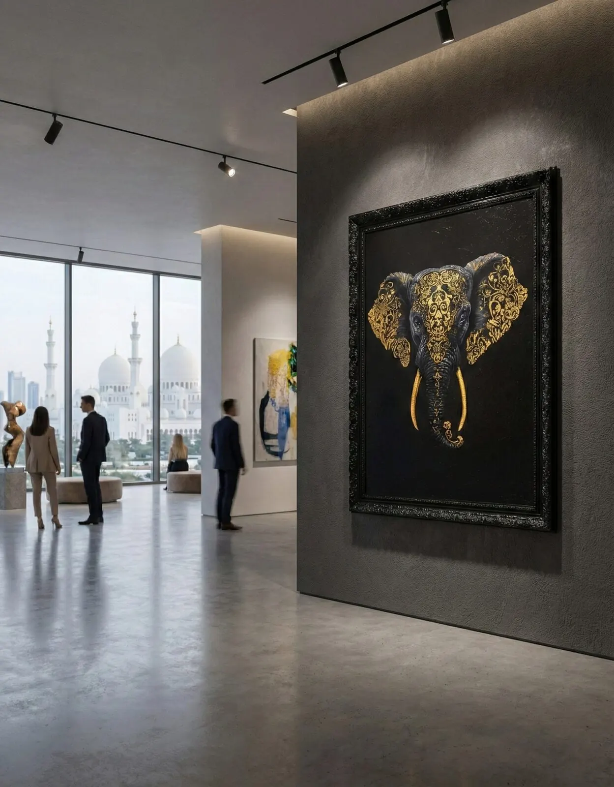 Shakti in Silence on a concrete wall in an Abu Dhabi gallery, with visitors for scale