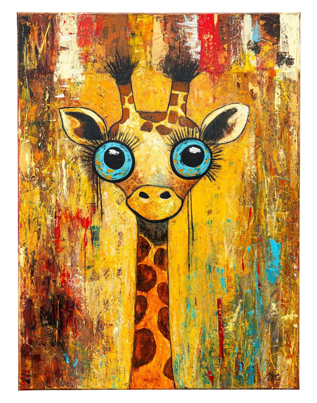 Curious Giraffe — a giraffe with wide blue eyes over ochre and rust texture