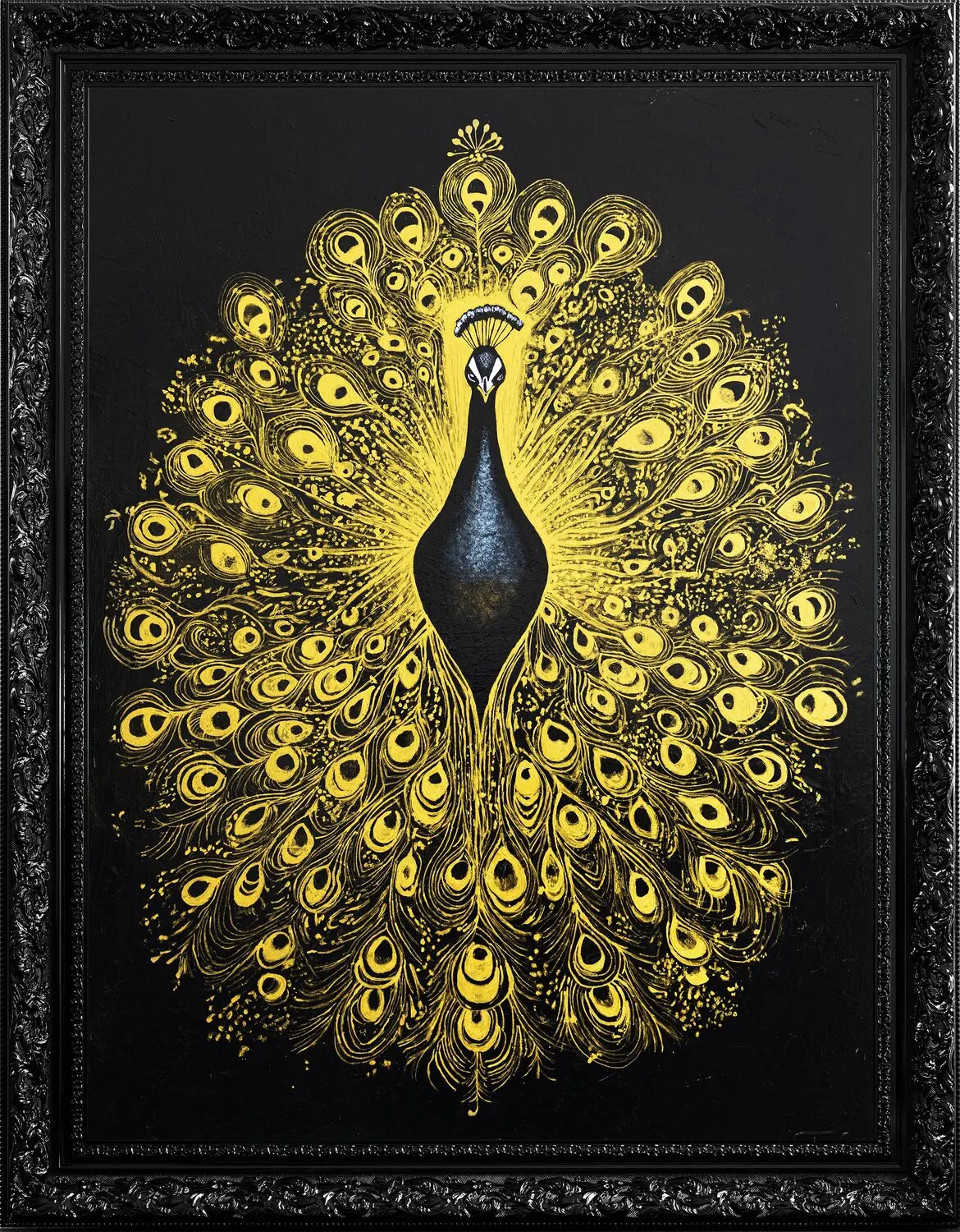 King of Feathers — a golden peacock in full display on deep black canvas, in an ornate black frame