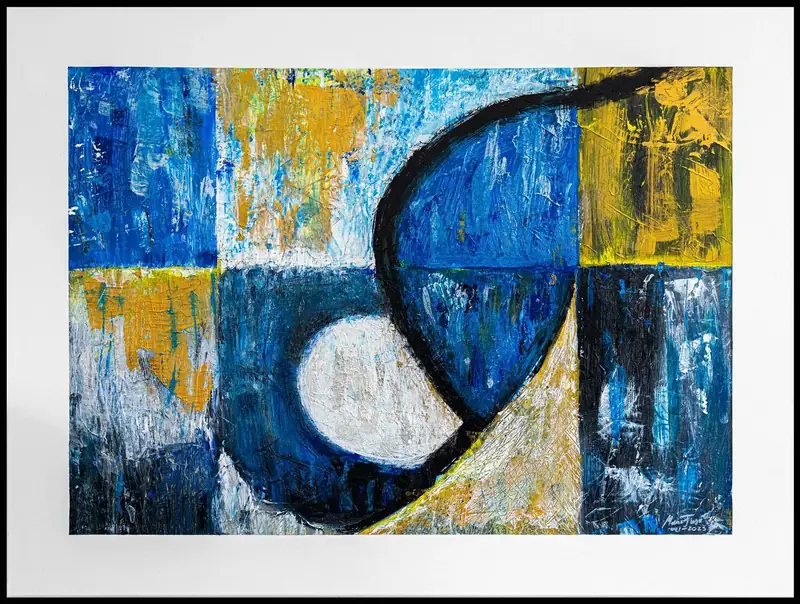 Intersection Blue — a blue and ochre geometric abstract crossed by a black arc