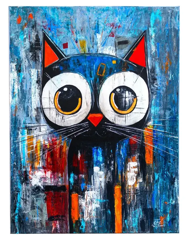 Urban Cat — a black cat with round yellow eyes against a blue city of brushstrokes