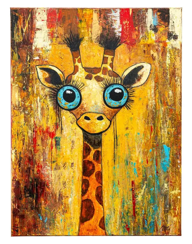 Curious Giraffe — a giraffe with wide blue eyes over ochre and rust texture
