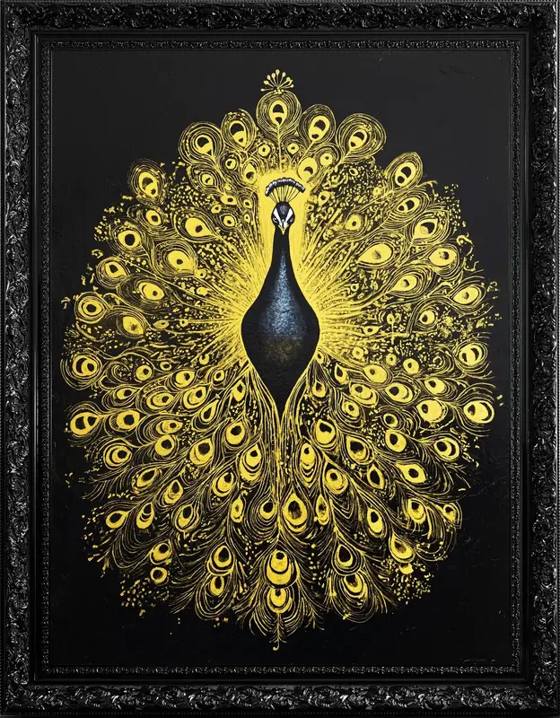 King of Feathers — a golden peacock in full display on deep black canvas, in an ornate black frame