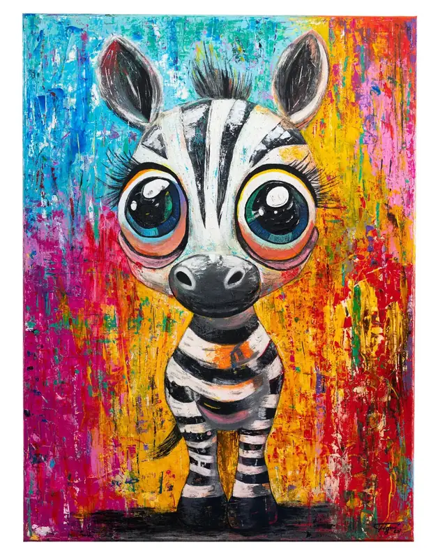 Zebra Wonder — a wide-eyed zebra painted over a field of pink, blue and yellow
