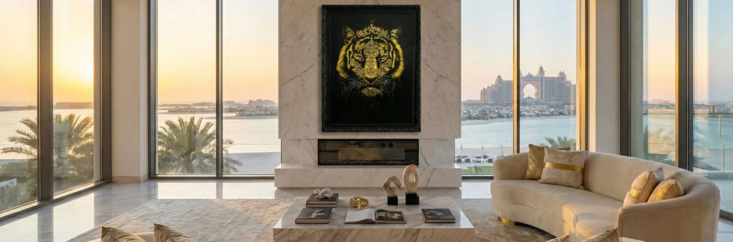 King of Silence above the fireplace of a Palm Jumeirah penthouse at sunset