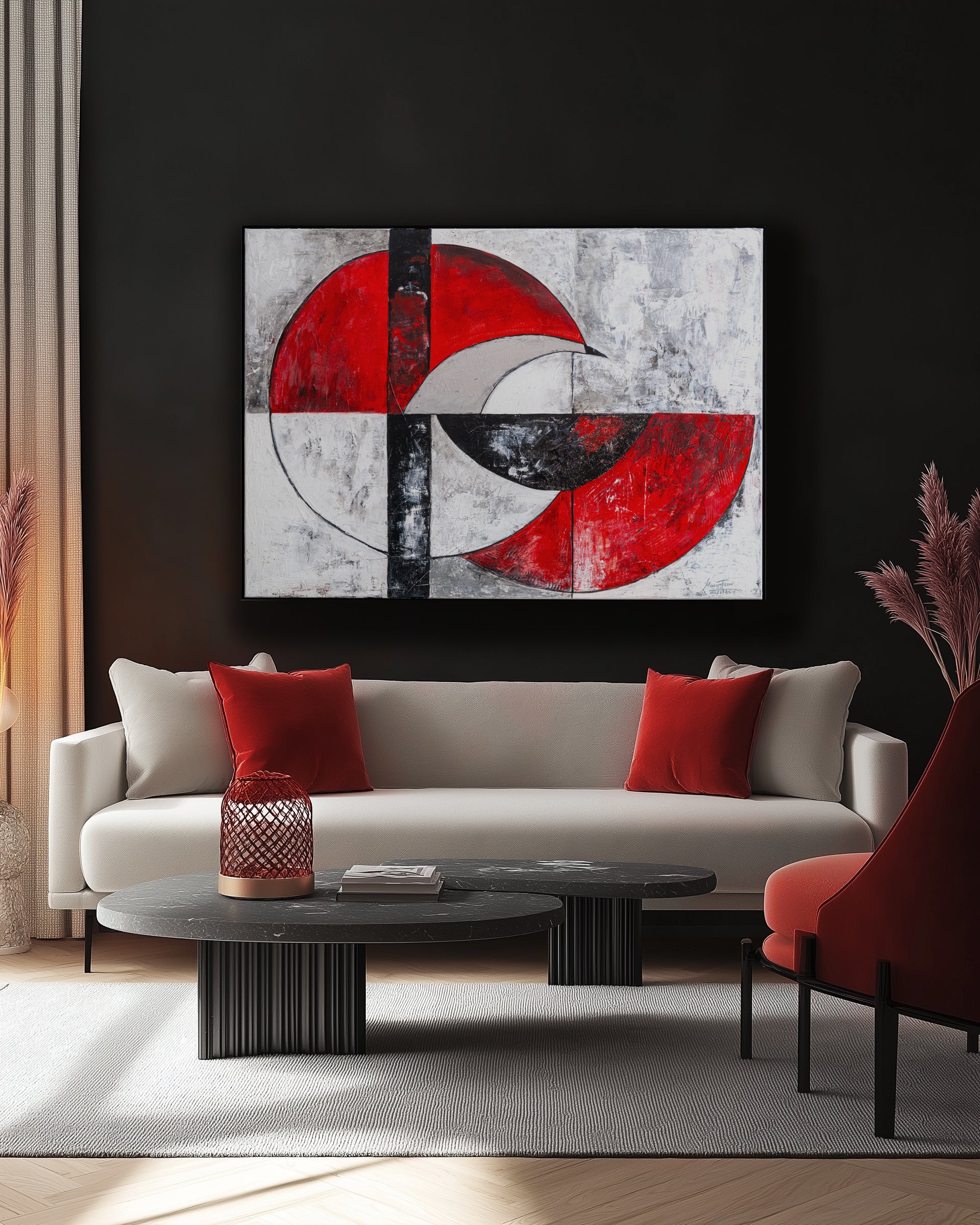 Modern living room with a abstract art piece on the wall