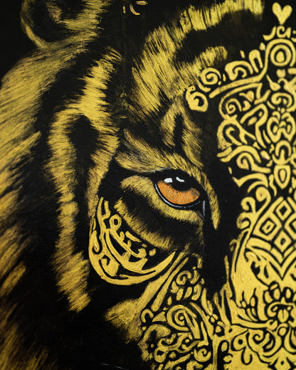 Close-up of a tiger's face with intricate gold patterns on a black background
