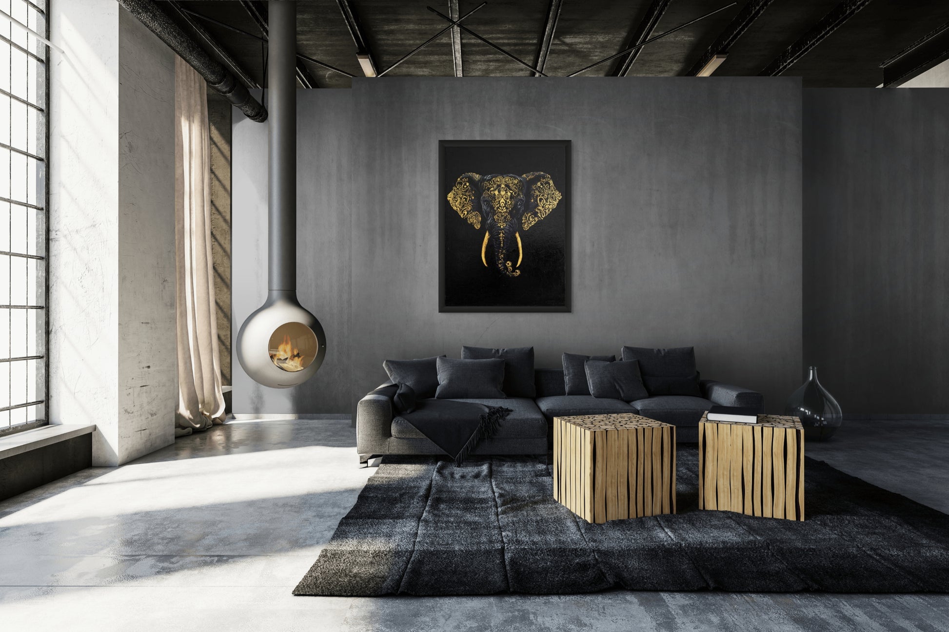 Modern living room with gray sofa, wooden coffee table, and decorative wall art.