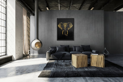 Modern living room with gray sofa, wooden coffee table, and decorative wall art.