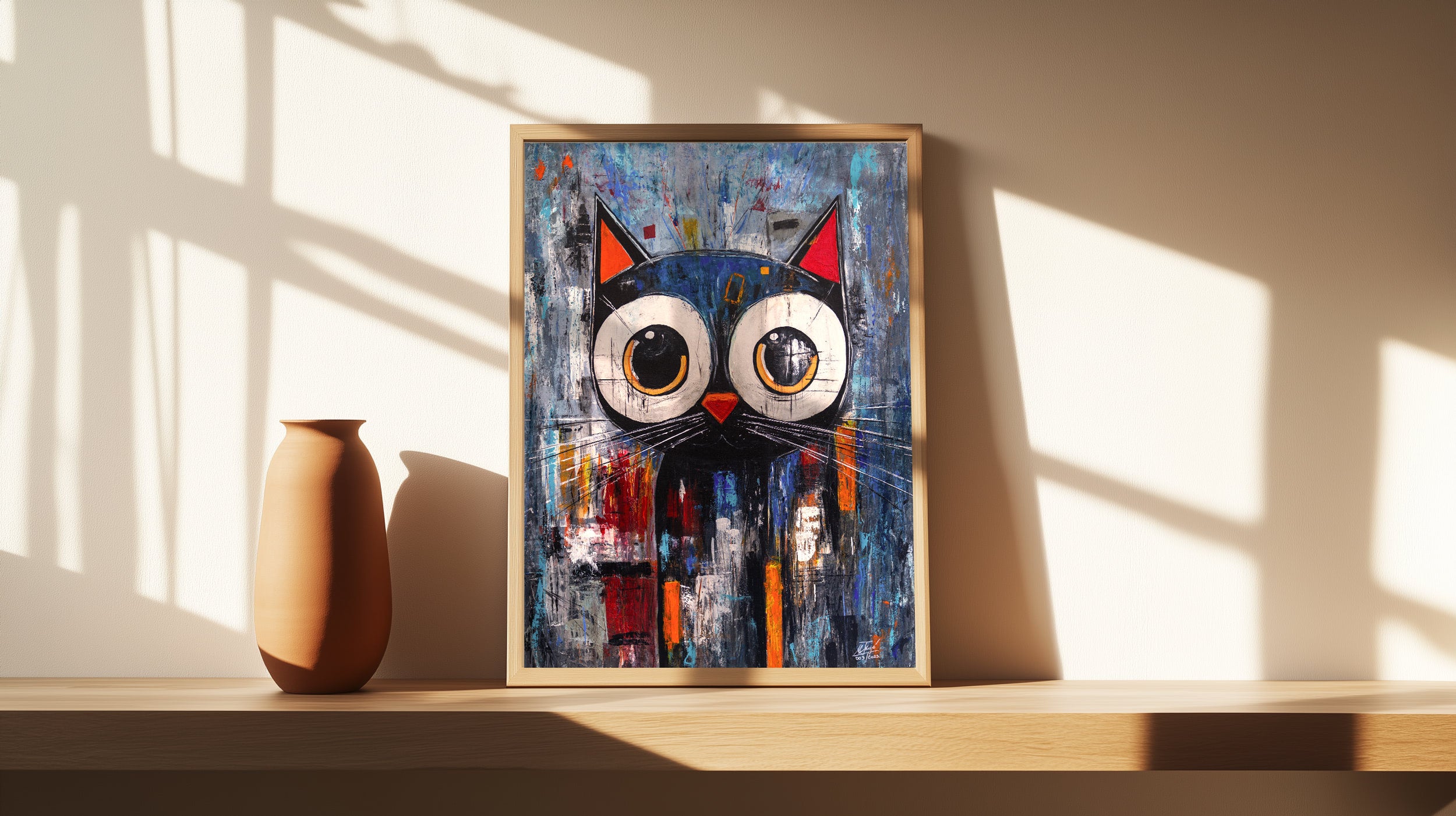 Framed abstract art of a cat on a shelf with a vase