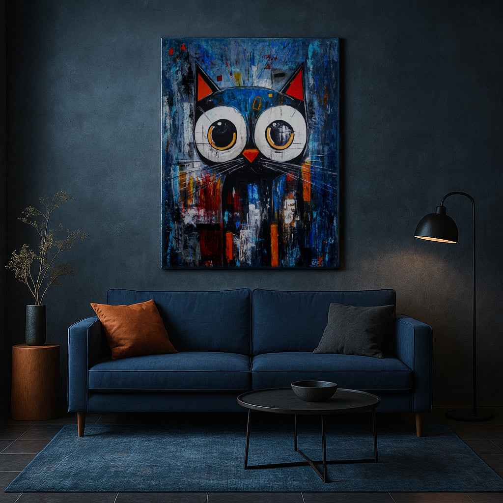 Living room with a blue sofa, abstract cat painting on the wall, and a floor lamp.